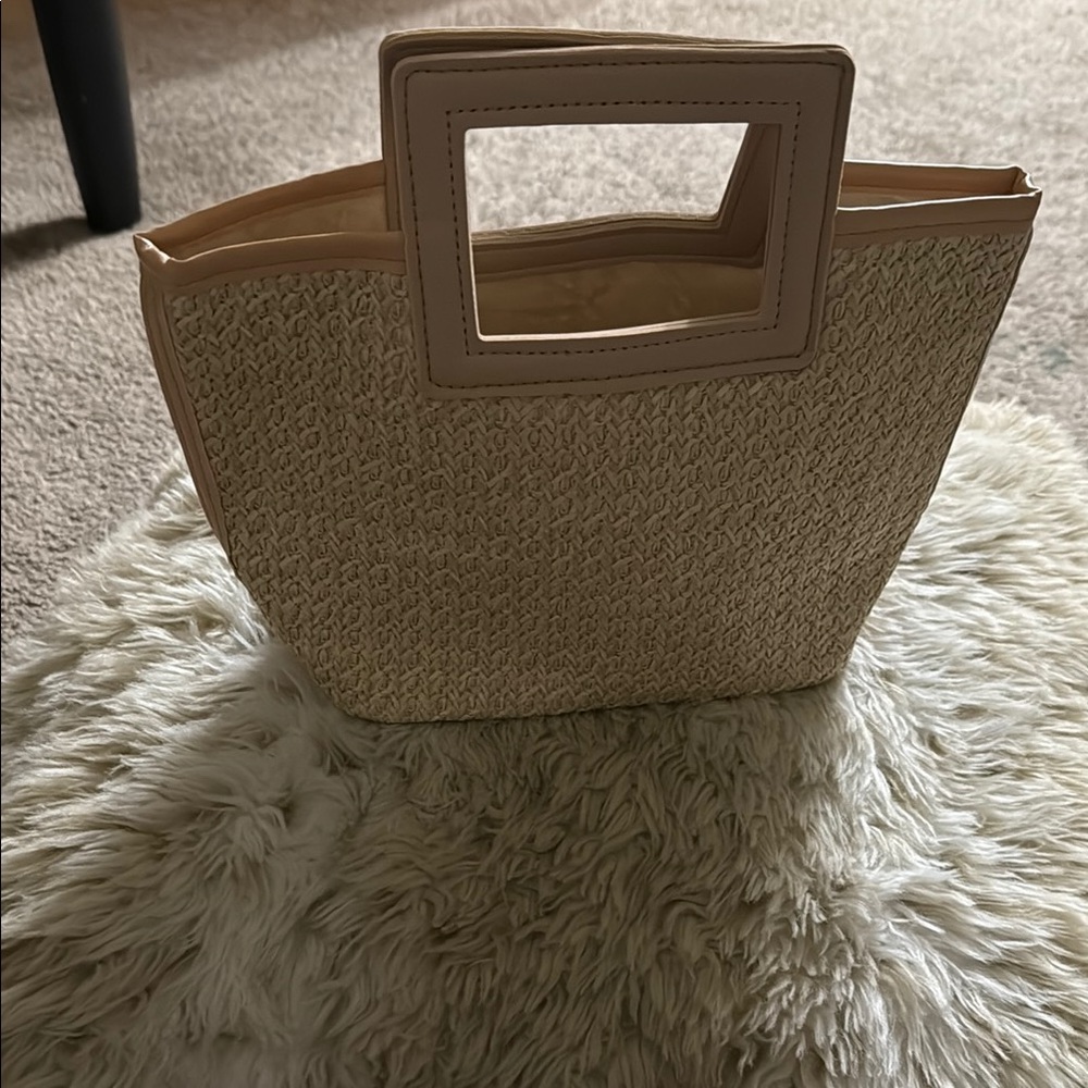Tan Woven Tote with Geometric Handle